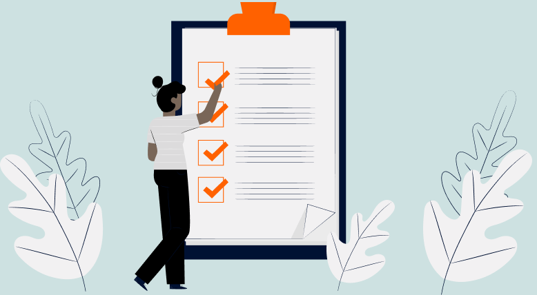 Illustration of a person checking off boxes on a large clipboard checklist, surrounded by abstract white leaves on both sides and a light blue background, symbolizing steps to boost mental wellness.