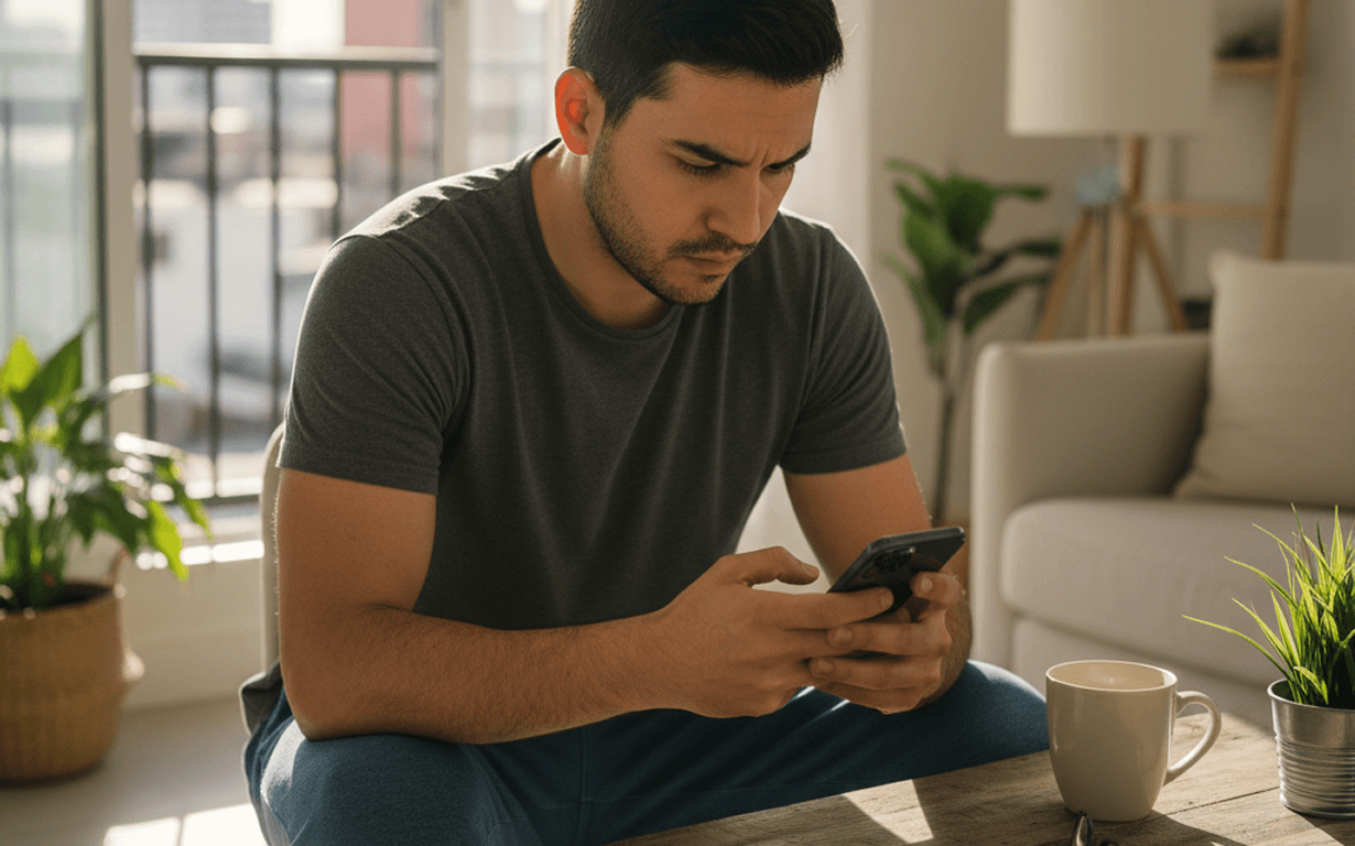 A man sits on a couch checking his phone, comparing money transfer options before choosing between Ria and Western Union.