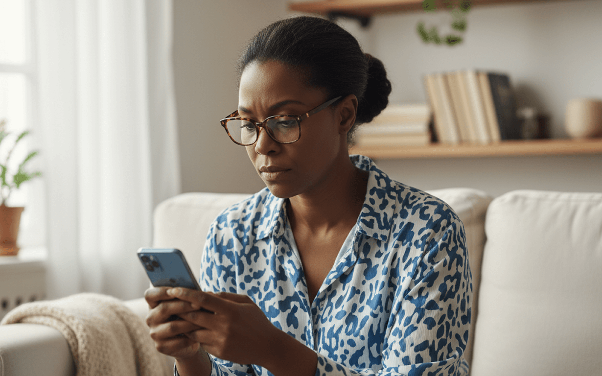 A woman wearing glasses and a blue patterned blouse sits on a couch, looking intently at her smartphone, possibly checking for money transfer mistakes. Books and plants are visible on shelves in the softly lit background.