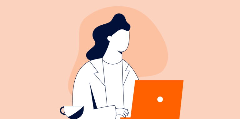 Une image minimaliste représente une personne aux cheveux longs assise à un bureau, utilisant un ordinateur portable orange. Une tasse de café fumante est placée à côté d’eux. Le fond est pêche avec une forme abstraite orange clair derrière la personne.
