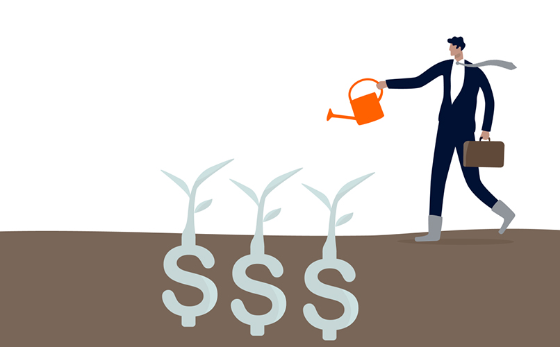 Illustration of a person in a suit, holding a briefcase and watering plants shaped like dollar signs with an orange watering can, symbolizing investment and growth. The background is white, and the person has a gray tie blowing in the wind.