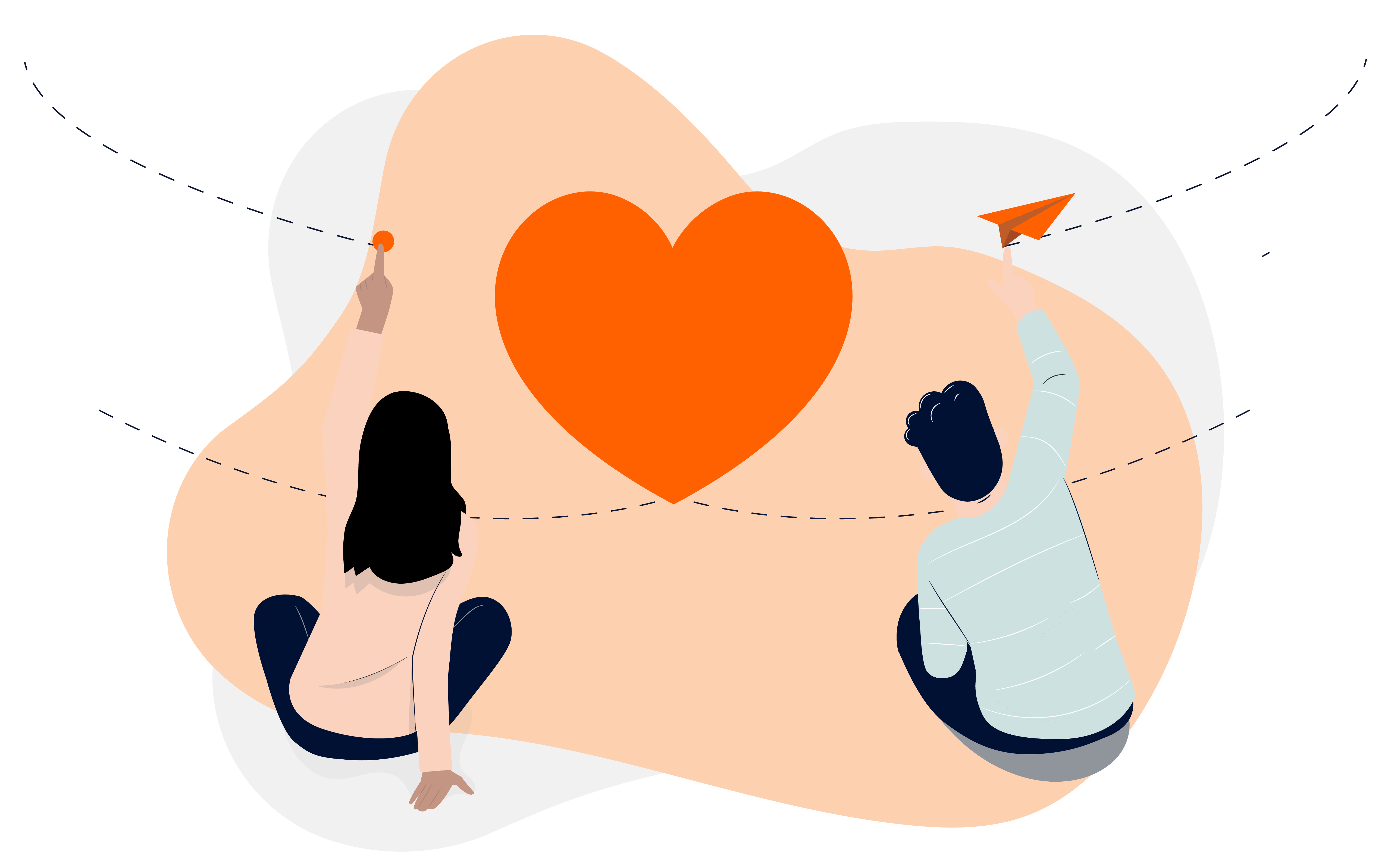 Illustration of two people sitting with their backs to the viewer, holding orange objects and facing a large orange heart in the center. The person on the left holds a round gift, while the person on the right holds an orange paper airplane. Dotted lines connect these gifts to each other and to the heart.