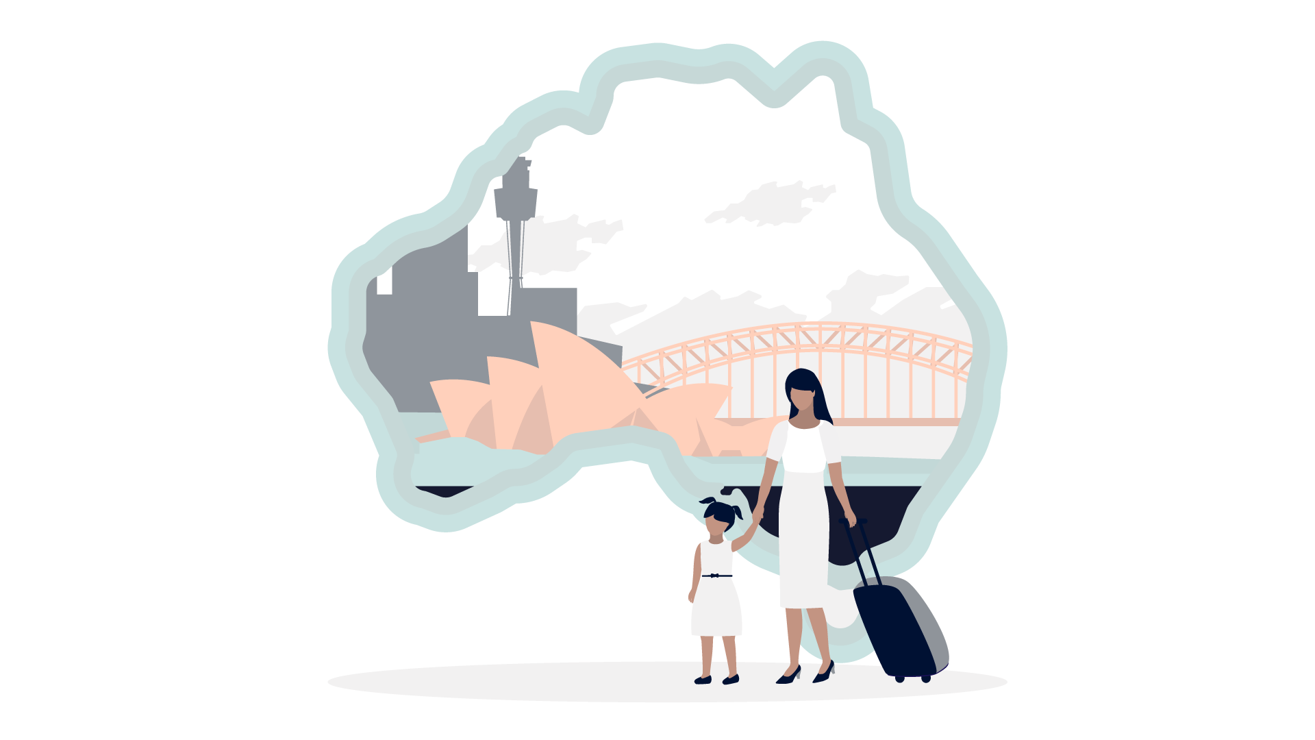 Illustration of a woman and child with a suitcase standing in front of an outline of Australia. Inside the outline, iconic Sydney landmarks such as the Sydney Opera House, Sydney Harbour Bridge, and city skyline are visible in the background, capturing Australia's vibrant essence.