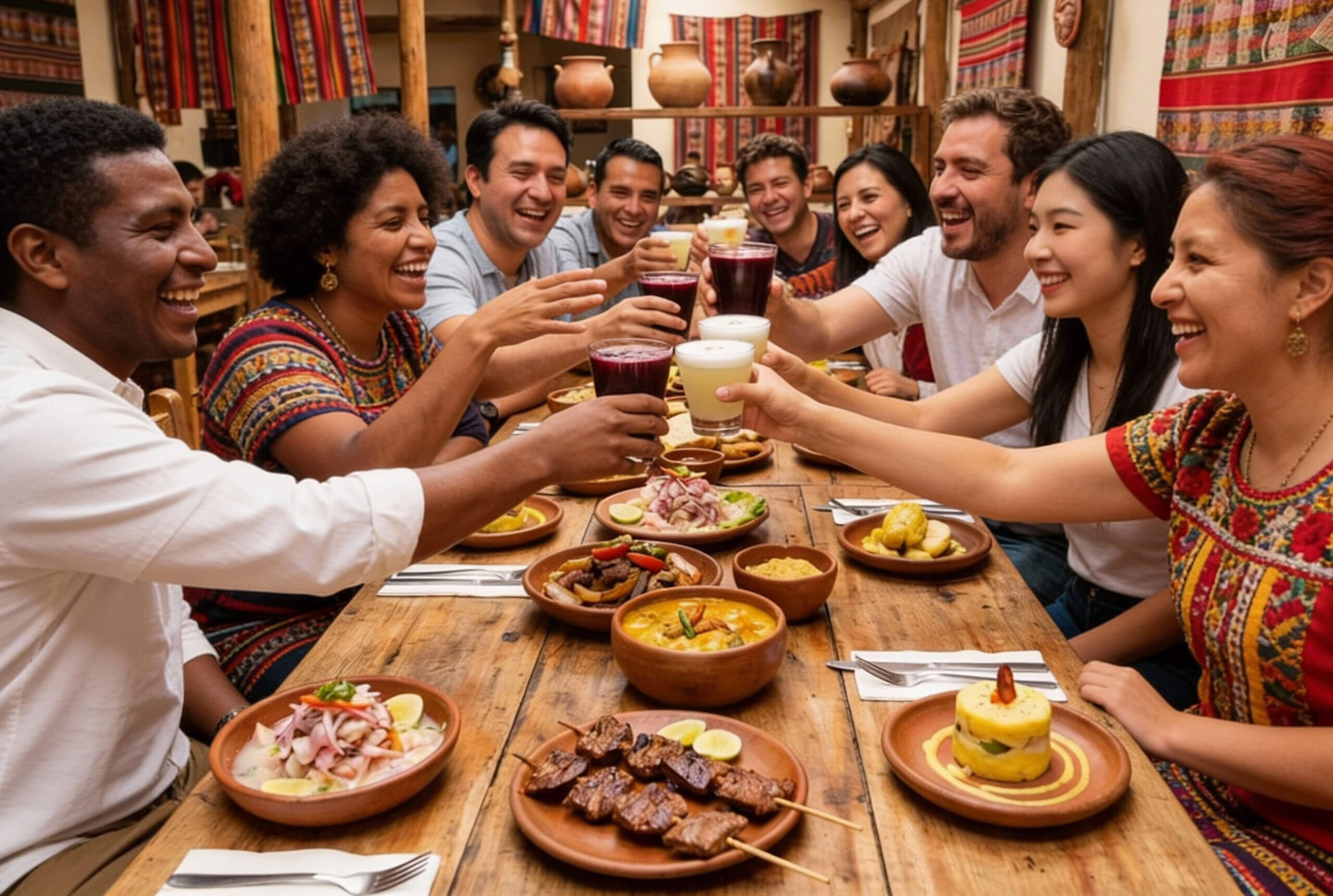 A group of people sit around a wooden table covered with traditional dishes, smiling and raising their drinks in a toast. The setting is colorful and lively, with woven textiles decorating the background.