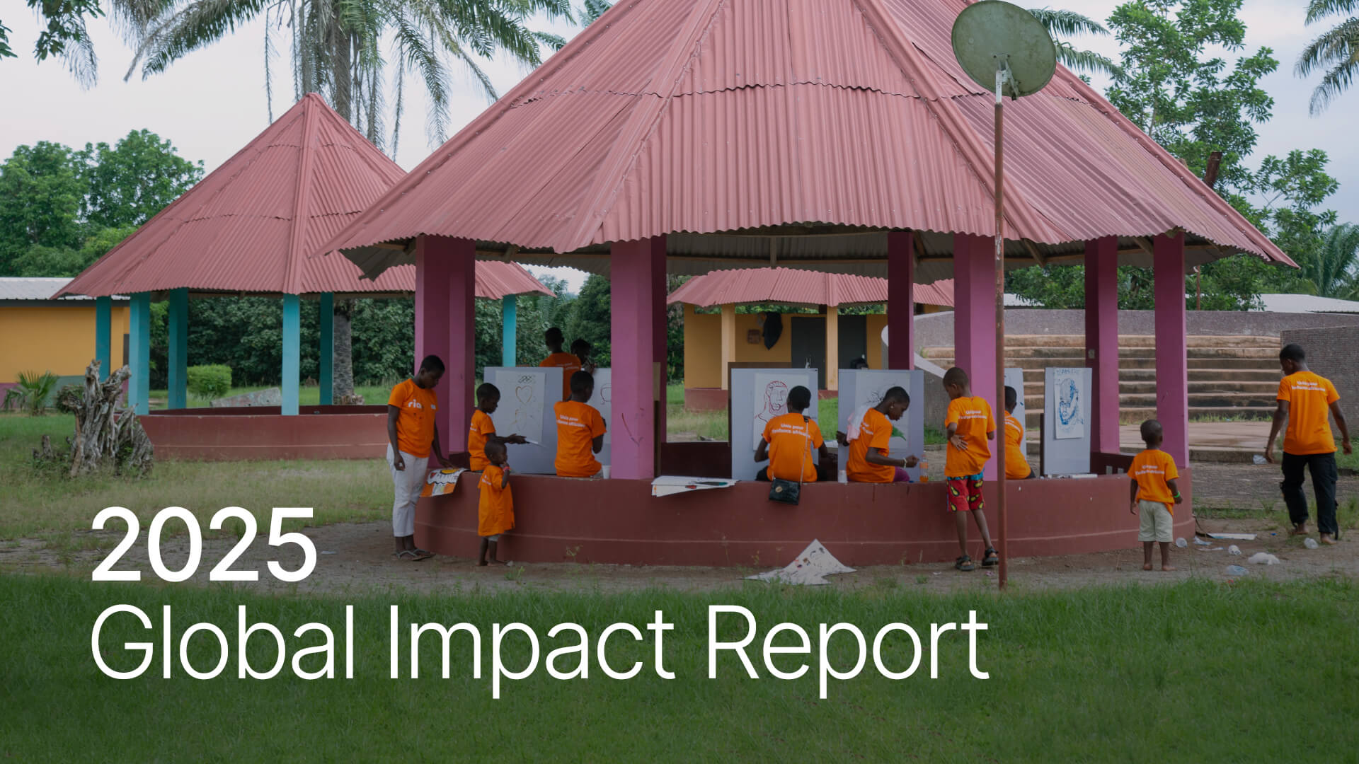 Children and adults in orange shirts stand and sit around a gazebo with red roof, working on bulletin boards as part of a CSR initiative. Trees and buildings are visible in the background. Text reads "2025 Global Impact Report.