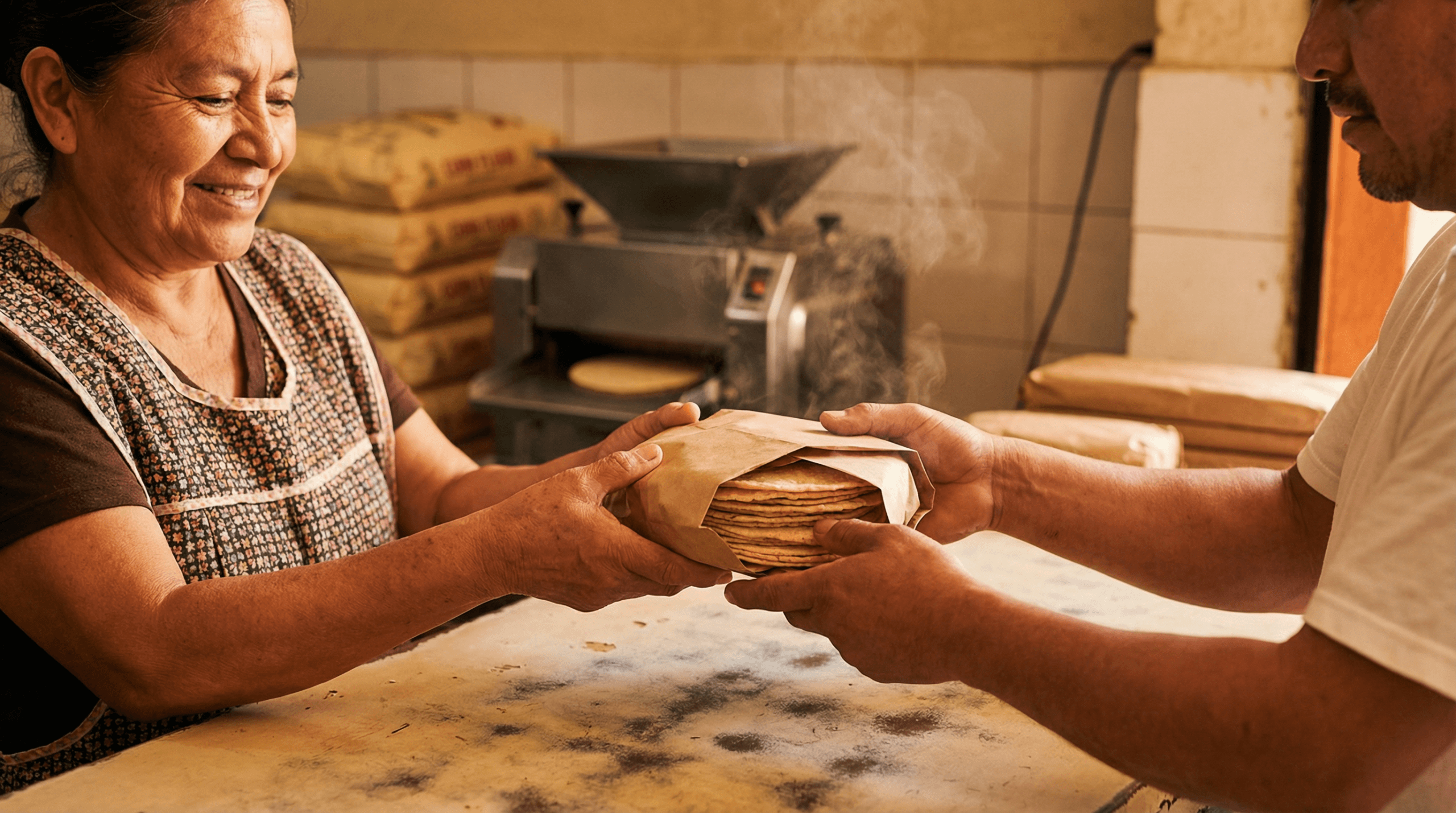 A woman smiles as she hands a stack of freshly made tortillas—what migrants miss most—wrapped in paper to a man inside a rustic kitchen or tortilla shop. Steam rises from the tortillas, indicating their warmth.
