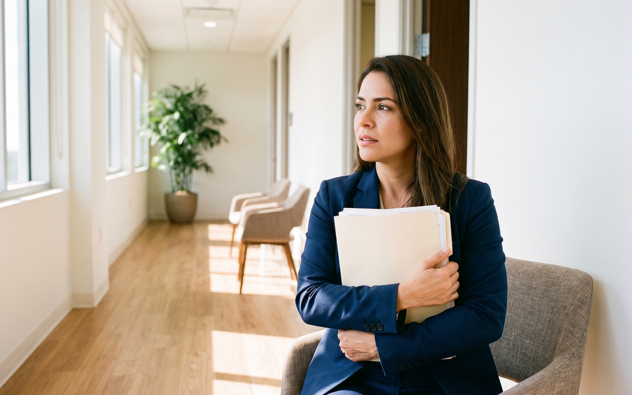 Woman in navy blazer holding documents in a bright office hallway with potted plant and chairs.