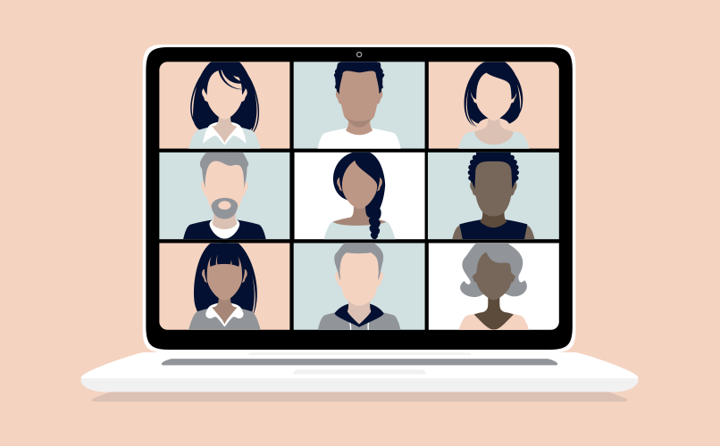 Illustration of a virtual meeting displayed on a laptop screen. The display features a 3x3 grid of diverse, faceless avatars representing participants. The laptop sits against a light beige background.