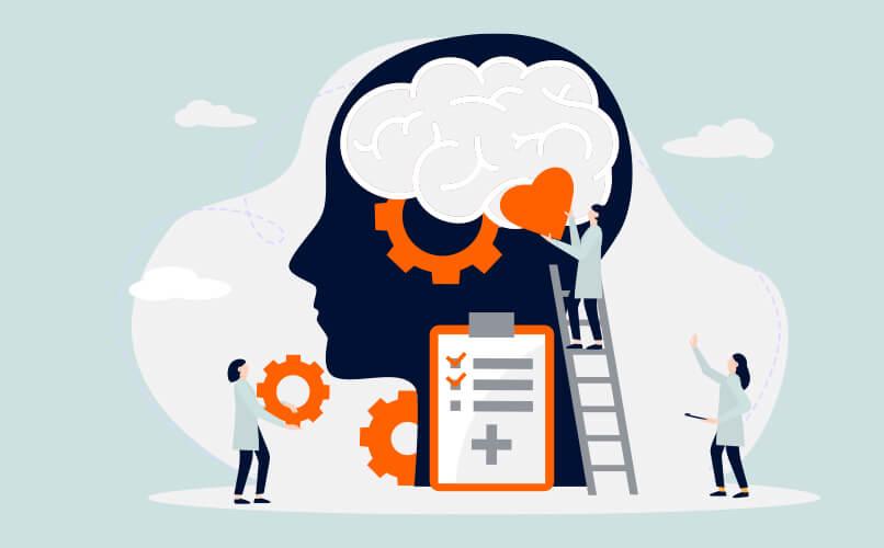 An illustration depicts a large human head in profile with a brain visible. Three tiny figures perform various tasks related to mental health: one climbs a ladder holding a heart, another holds gears, and a third gestures near a clipboard with a checklist.