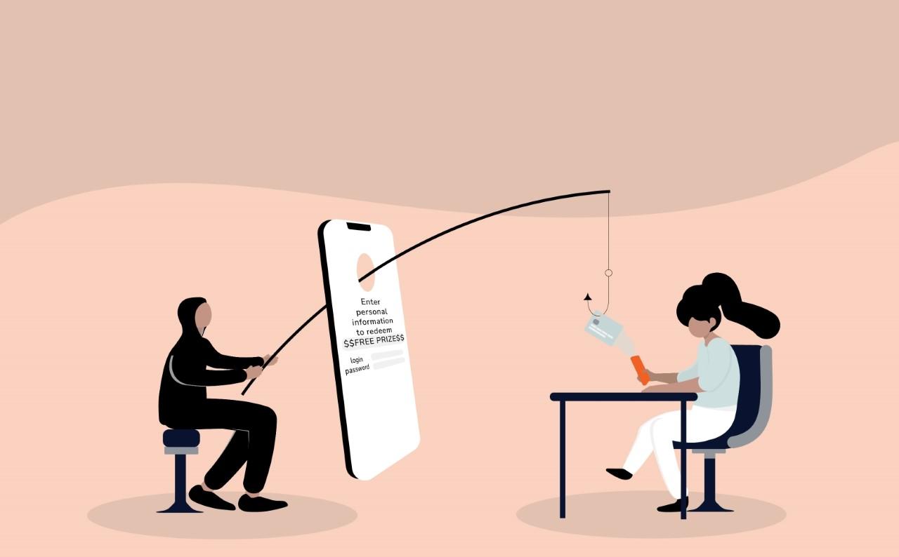An illustration depicts a phishing attack. A person in black, with a hood and no visible face, uses a fishing rod to dangle a hook holding a message in front of a person at a desk. The message displayed on a smartphone reads, "Enter personal information to access your account.