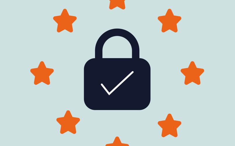 A black padlock icon with a white checkmark in the center, symbolizing compliance, is surrounded by eight orange stars in a semicircular pattern on a light blue background.