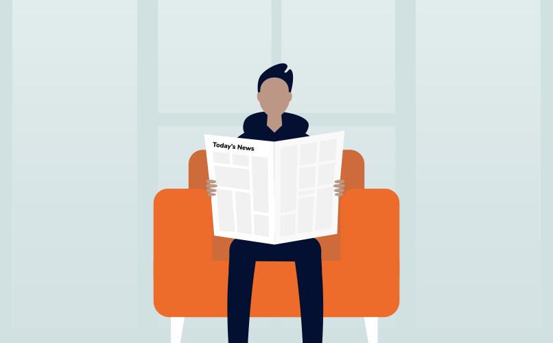 Illustration of a person sitting on an orange chair, reading a newspaper with the headline "Today's News" in a room with large, translucent windows in the background. The person has short dark hair and is wearing a dark-colored outfit.