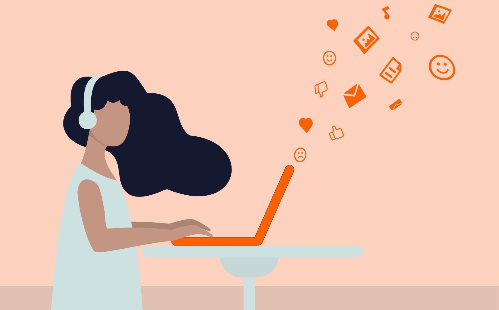 Illustration of a person with long hair and wearing headphones, sitting at a desk and using a laptop. Various social media icons like hearts, thumbs up, and smiles float above the laptop, indicating active engagement in online communication.