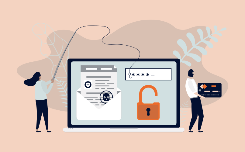 Illustration of a laptop screen displaying a phishing email, a password input box, and an unlocked padlock. On the left, a person holding a phishing pole, and on the right, another person holding a credit card. The background features abstract shapes and foliage subtly hinting at tips on how to spot a scam.