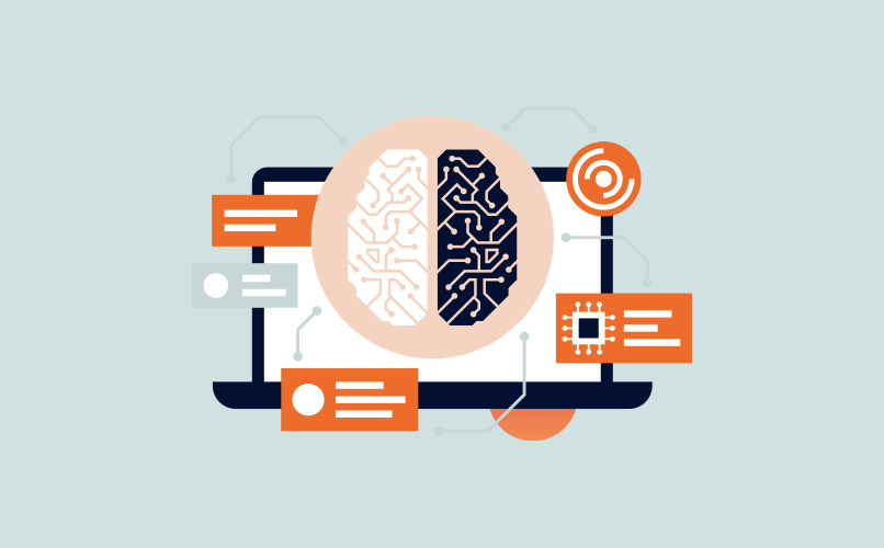 Illustration of a laptop with a brain split in half. The left side of the brain is shown in white with circuits, while the right side is black with a brain pattern. Orange and white data charts surround the laptop, symbolizing AI and bottom-up data analysis.
