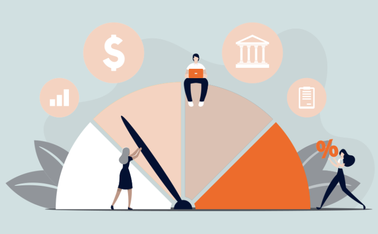 Illustration de trois personnes interagissant avec une grande jauge représentant des icônes de la finance et des affaires. Une personne ajuste l’aiguille, une autre travaille sur un ordinateur portable posé sur la jauge et une troisième personne tient un symbole de pourcentage.