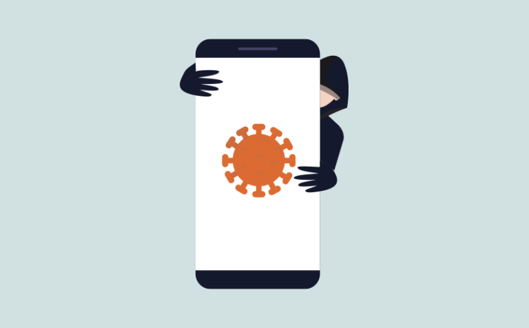 Ilustración de una figura encapuchada parcialmente escondida detrás de un gran teléfono inteligente que muestra un símbolo de virus rojo, que simboliza el concepto de amenazas en línea relacionadas con la pandemia de COVID-19.