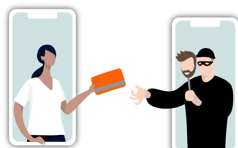 An illustration shows a woman handing a credit card from a smartphone screen to a thief wearing a mask and holding a mask of a man's face. The thief reaches out from another smartphone screen to take the card.