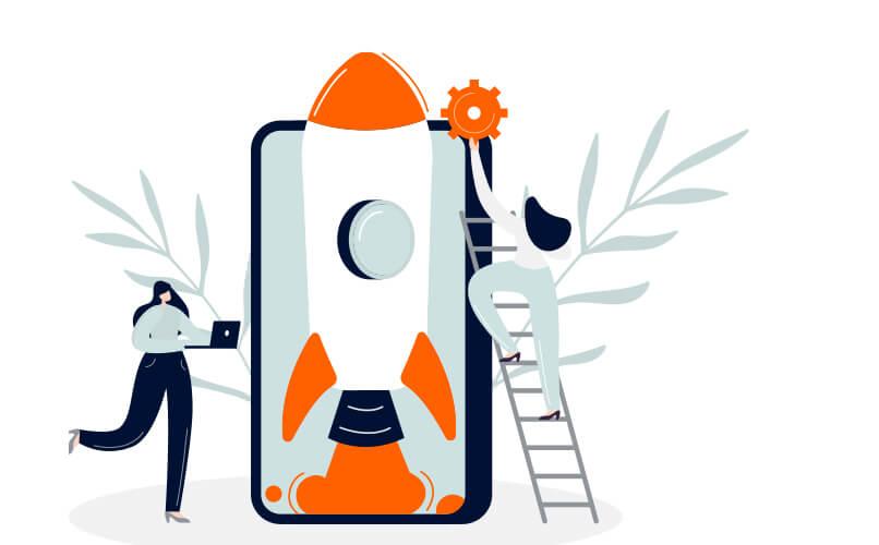 An illustration features a large smartphone with a rocket taking off from the screen. On the left, a person stands holding a tablet, while on the right, another person climbs a ladder to place a gear on the rocket. Leafy branches adorn the background.