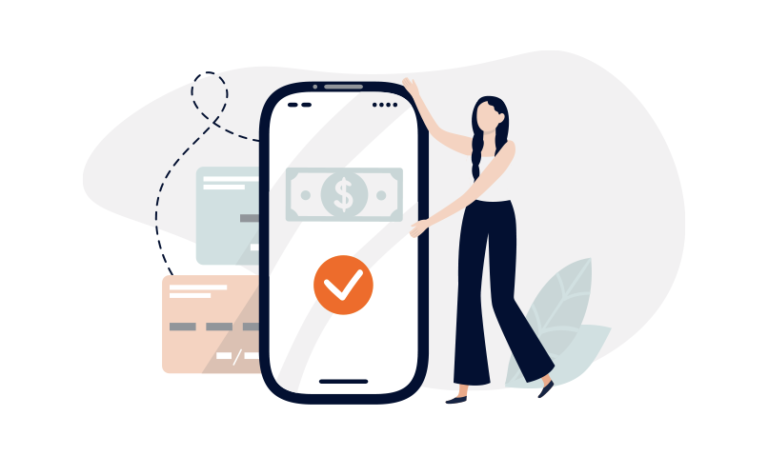 Une illustration montre une femme debout à côté d’un smartphone géant affichant une coche avec une icône de billet d’un dollar sur l’écran. A proximité se trouvent des cartes de crédit et des graphiques abstraits, symbolisant le paiement en ligne ou les transactions financières.