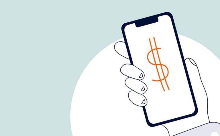Illustration minimaliste d'une main tenant un smartphone avec un grand signe dollar orange affiché à l'écran. L’arrière-plan est divisé entre une moitié supérieure bleu clair et une moitié inférieure blanche.