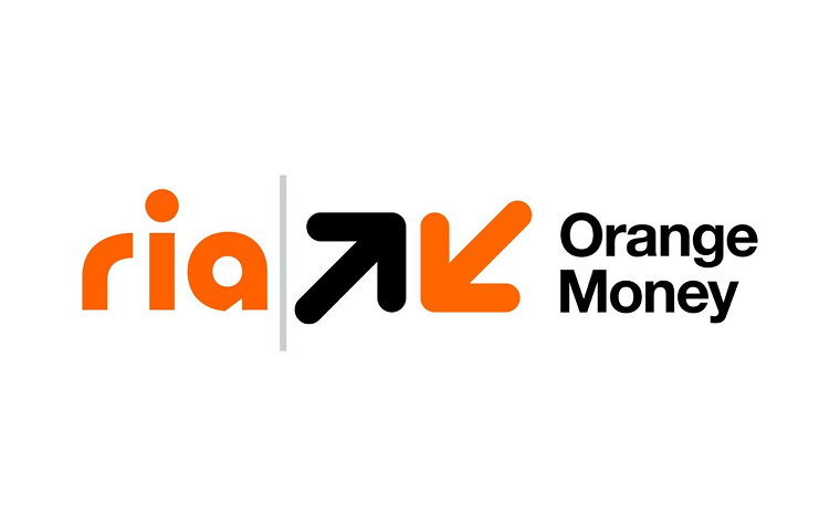 The image displays the logo for a collaboration between "ria" and "Orange Money." The word "ria" is in orange lowercase letters, separated by a vertical gray line from a black and orange arrow pointing to the right, followed by the words "Orange Money" in black text.