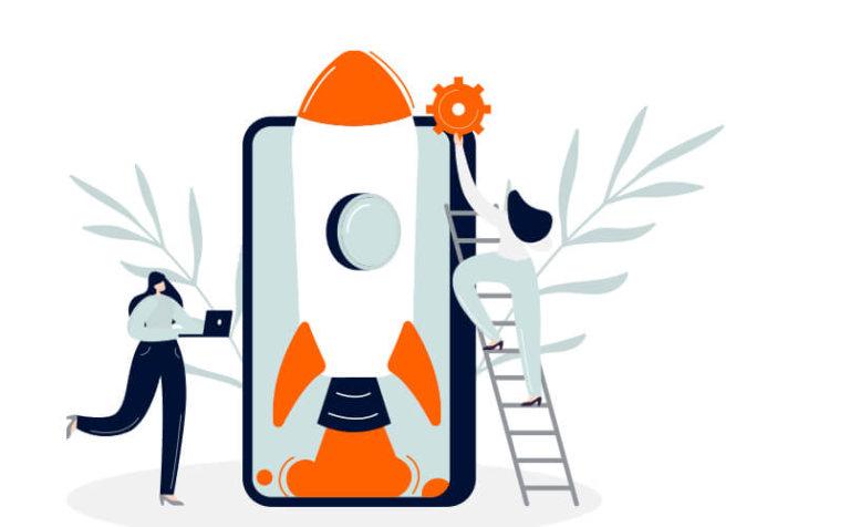 Ilustración de dos personas trabajando en un teléfono inteligente grande que muestra un cohete. Una persona está parada en una escalera sosteniendo un equipo, la otra sostiene una tableta. El cohete es naranja, blanco y gris, lo que sugiere temas de innovación y tecnología.