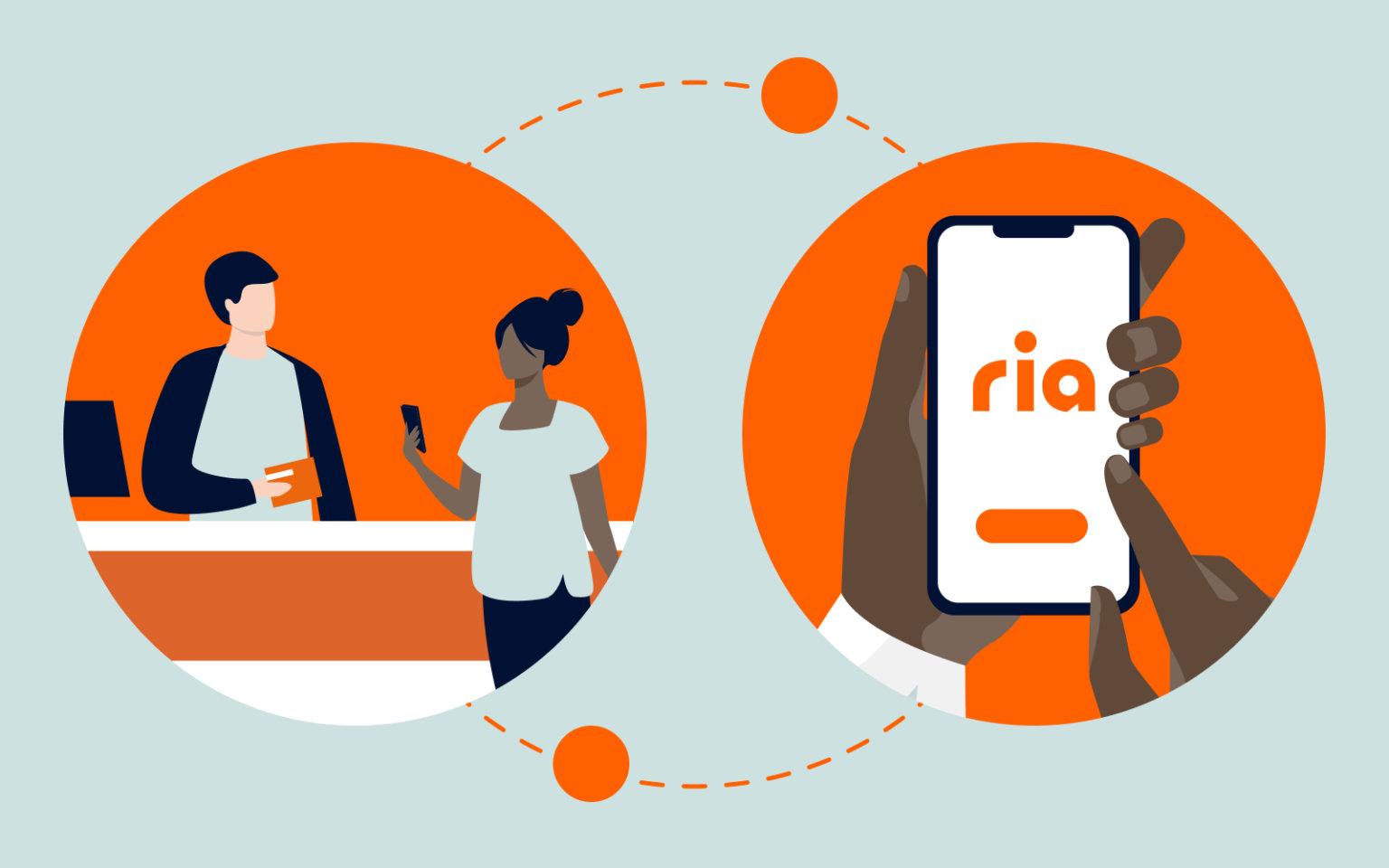 Illustration d'une personne à un comptoir utilisant un téléphone portable, reliée par une ligne pointillée à une image de mains tenant un téléphone affichant l'application « ria ». Le fond est orange et bleu clair.