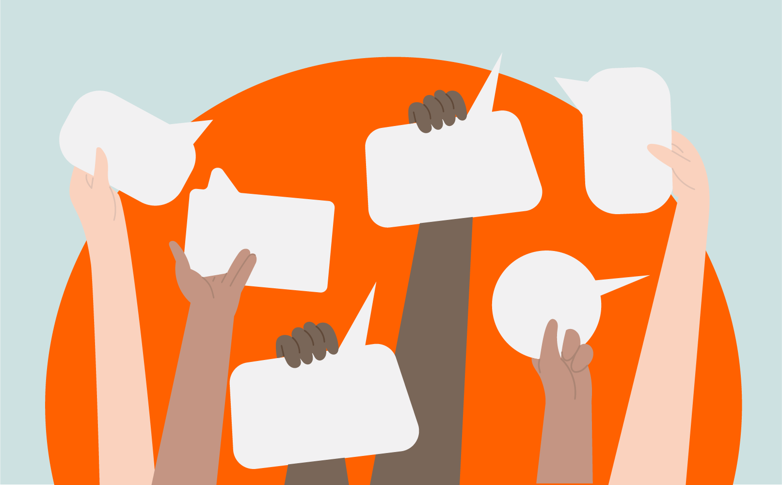 Illustration of six hands of varying skin tones holding up blank speech bubbles against an orange circular background. The speech bubbles are in different shapes, indicating dialogue or communication. The overall background is light blue.