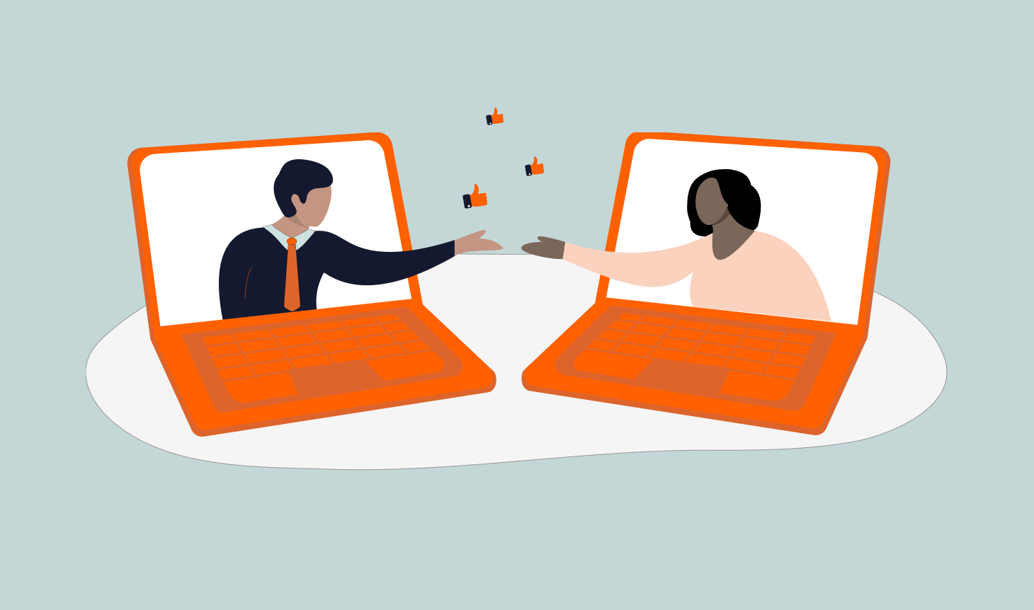 Illustration of two laptops facing each other with one person on each screen. The individuals are reaching out, exchanging thumbs-up icons, symbolizing an online interview and collaboration over the internet. The laptops and characters are in a minimalist style with bright colors.